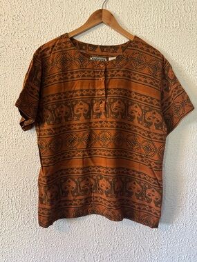 Vintage Forenza Earth-Tone Printed Short-Sleeve Boho Top - Rust